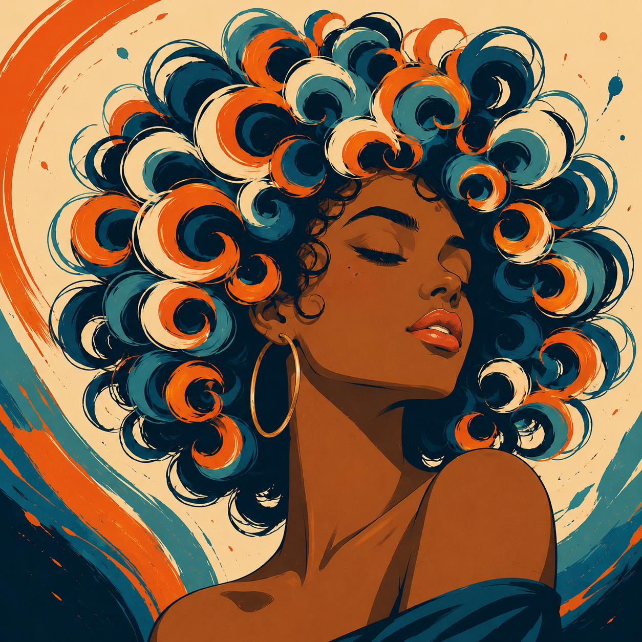 A graphic illustration of a woman with dramatic, voluminous swirling curls in coral orange and teal against a warm background — representing deep
moisture restoration for severely dry or damaged curly hair.