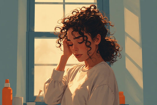 Illustration of a woman with natural curly hair in soft window light, gently touching her hair during a calm daily conditioning routine, representing lightweight curl care and consistency.