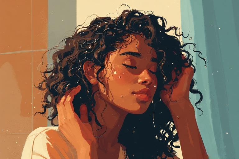 A woman with wet, curly hair stands in warm bathroom light with her eyes closed, gently touching her curls as water droplets fall. Her expression is calm, capturing a quiet pause before detangling.