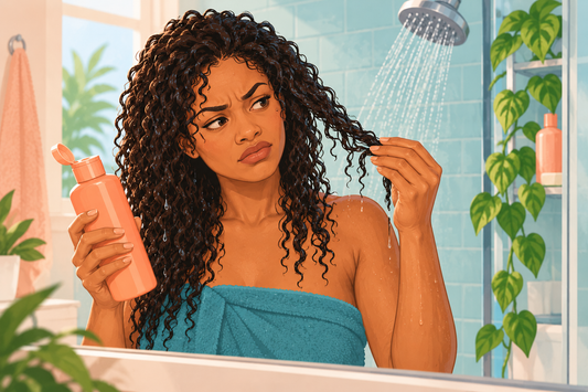Woman wrapped in a towel examining a strand of wet, curly hair with a skeptical expression in the bathroom, a running shower visible behind her.