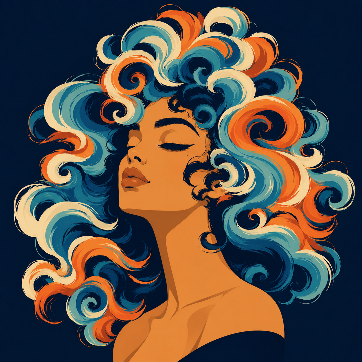 A graphic illustration of a woman with flowing side-swept curls in teal, coral orange, and cream — representing lightweight moisture and curl definition for mildly dry curly hair.
