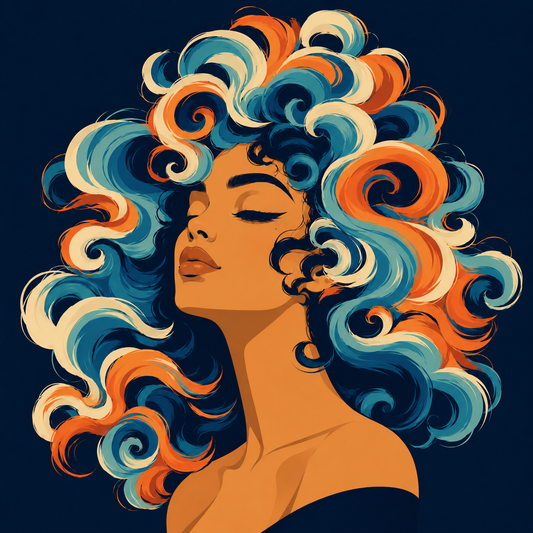 A graphic illustration of a woman with flowing side-swept curls in teal, coral orange, and cream — representing lightweight moisture and curl definition for mildly dry curly hair.