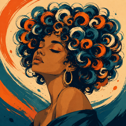 A graphic illustration of a woman with a voluminous afro of swirling curls in coral orange, teal, and navy — representing the defined, healthy curls that come from an alcohol-free daily conditioning routine.