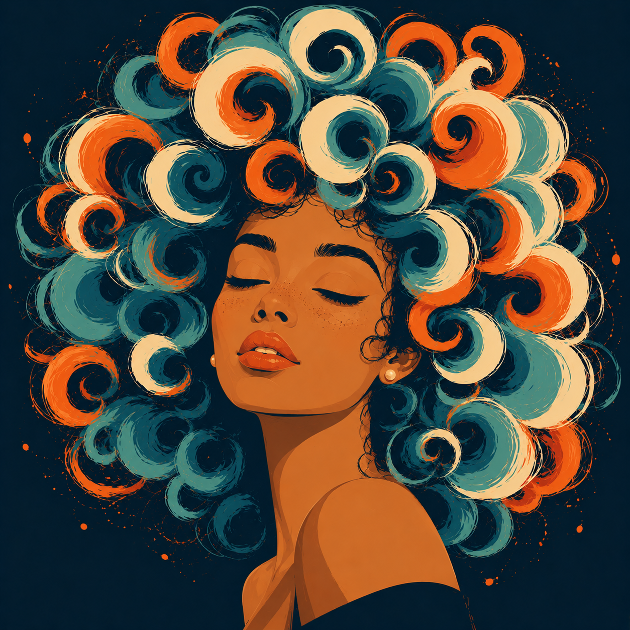 A graphic illustration of a woman facing forward with an enormous voluminous crown of swirling curls in teal, coral orange, and cream — representing 
healthy follicle support and curl growth from a nourished scalp.