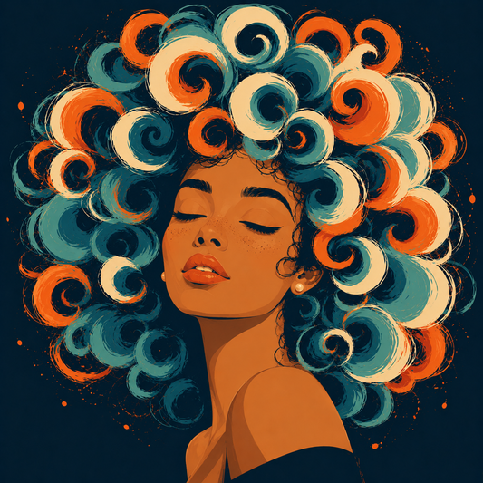 A graphic illustration of a woman facing forward with an enormous voluminous crown of swirling curls in teal, coral orange, and cream — representing 
healthy follicle support and curl growth from a nourished scalp.